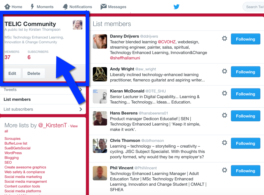 Screenshot of a Twitter list: TELIC Community