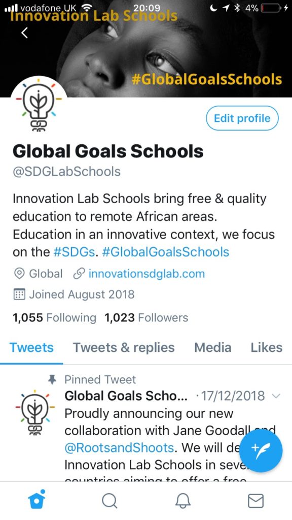 Screenshot of the @SDGLabSchools Twitter profile. Bio includes the following text: Innovation Lab Schools bring free & quality education to remote African areas. Education in an innovative context, we focus on the #SDGs. #GlobalGoalsSchools 