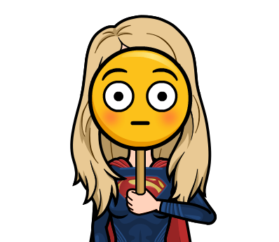 Kirsten's Bitmoji character hiding her face behind a lolly pop that looks like an embarrassed-faced emoji.