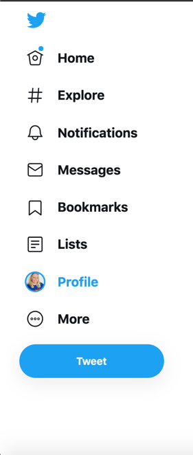 Screenshot of the Twitter main menu which contains the following links: Home, Explore, Notifications, Messages, Bookmarks, Lists, Profile and More.