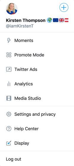 Screenshot of the pop-up More Menu item which includes: Moments, Promote Mode, Twitter Ads, Analytics, Media Studio, Setting and privacy, Help Center, Display and Log out.